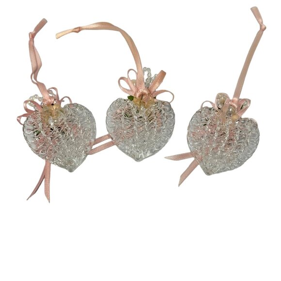 Handmade Heart Ornaments With Pink Ribbons Rose Accents Acrylic - Picture 2 of 5